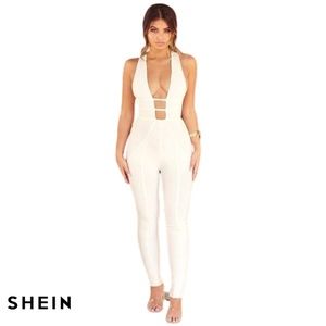 SHEIN White Backless Plunging Jumpsuit
